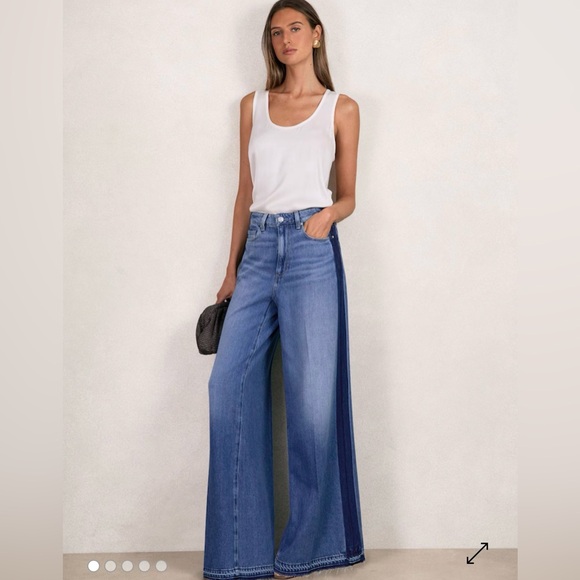 PAIGE Denim - PAIGE Portia Wide-Leg Flare Jeans with Dark Blue Side Stripe - Blue